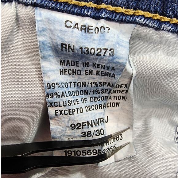 Wrangler Jeans Mens 38/30 Blue Distressed Slim Straight Leg Stretch Denim Casual - Picture 5 of 11